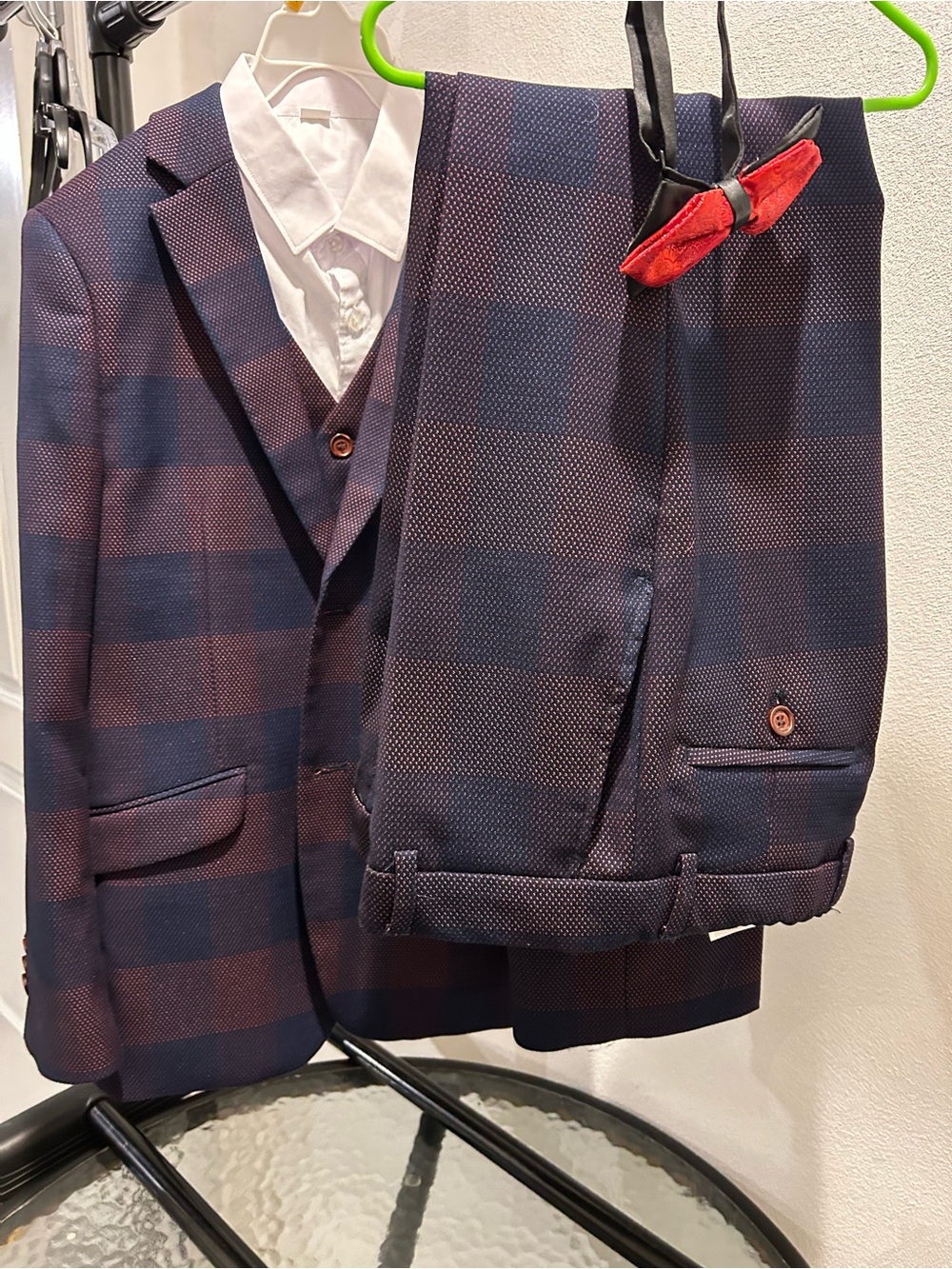 Men's Navy and Burgundy Check Suit Jacket with Vest and Red Bow Tie